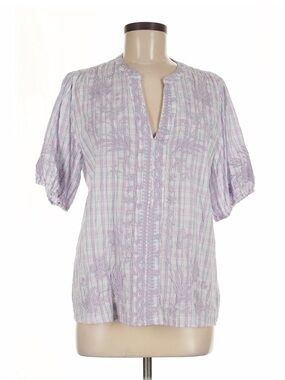 Johnny Was Lavender Plaid Embroidered Short-Sleeve Blouse